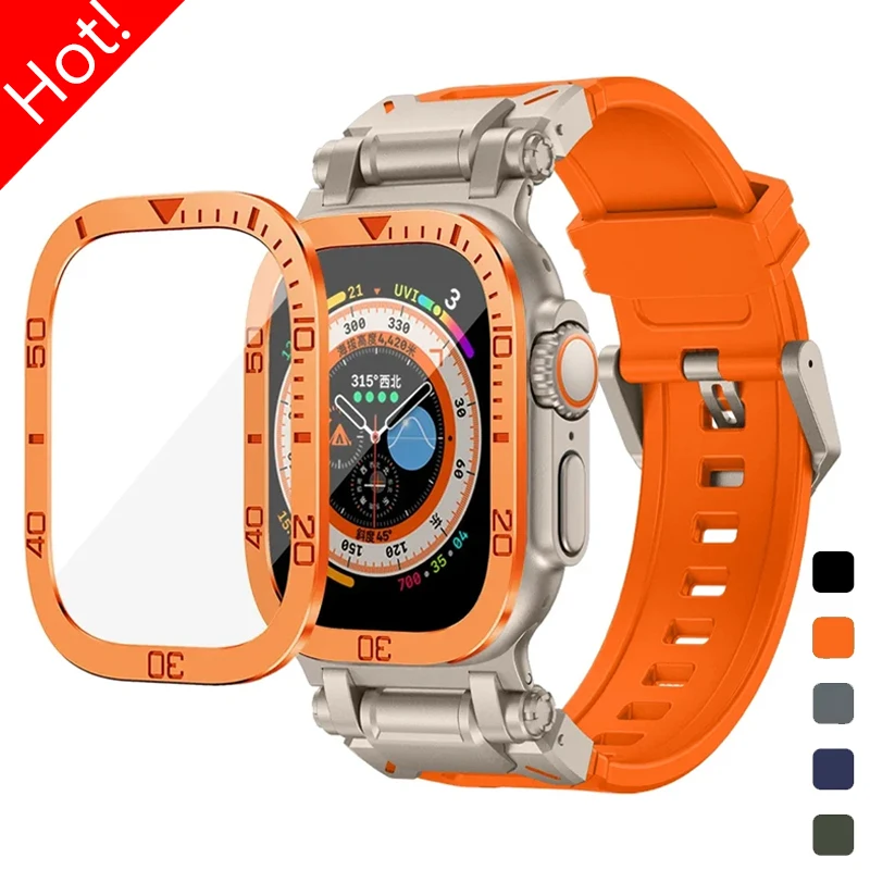 

Пленка из закаленного стекла + ремешок для Apple Watch Ultra 2 49 мм резиновый ремешок титановая металлическая защита для экрана фоторамка для IWatch Ultra49