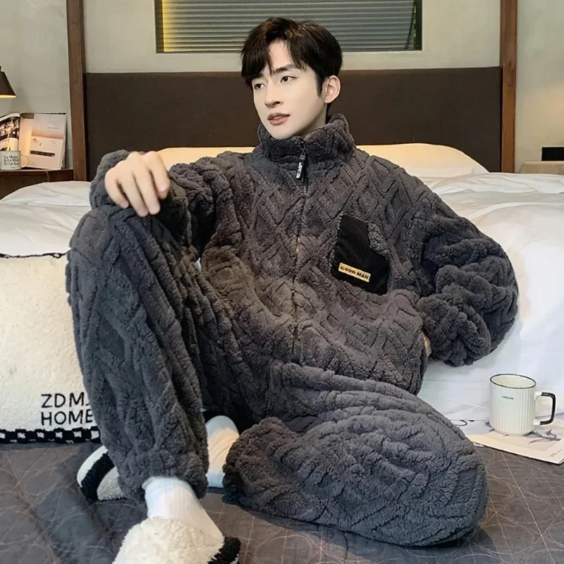 Men's Flannel Pajamas Set Thicken 3XL Zipper