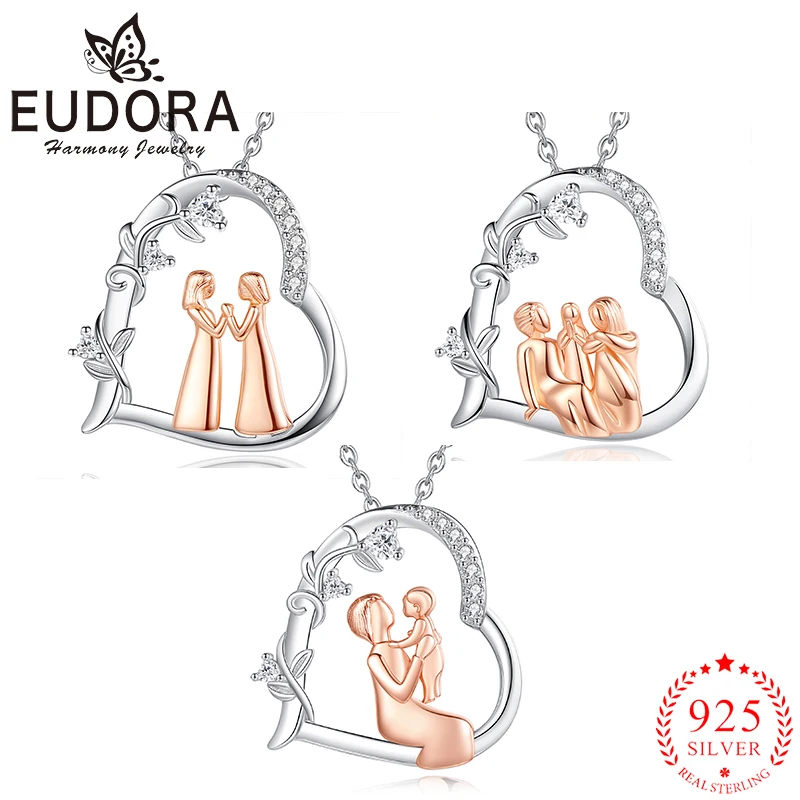 

Eudora 925 Sterling Silver Heart Necklace Parent Sister Family Collection Pendant Set with Zircon Fine Jewelry Gifts for Women