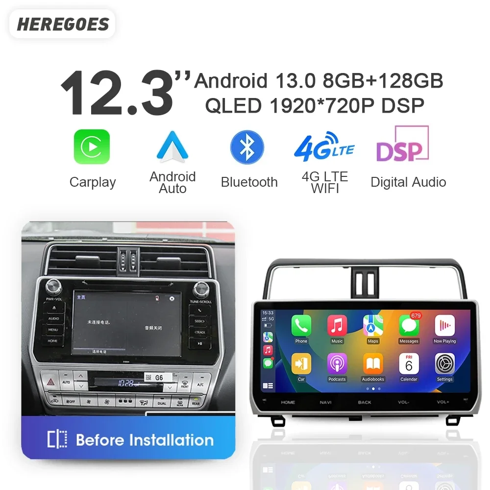 

8+256G 12.3" QLED Auto Android 13 Car Radio GPS Player Carplay Navigation Bluetooth For Toyota Land Cruiser Prado 150 2018-2022