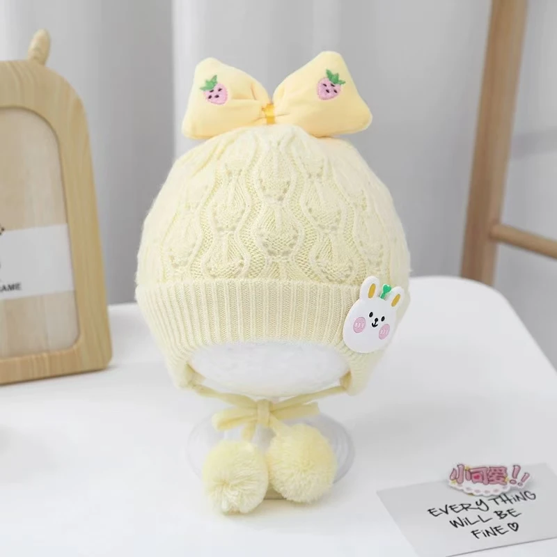 Winter Cute Warm Knitted Baby Hat Kids Ear Protection Caps with Bow Pink Cartoon Bunny Beanie Hat for Girls 0-12M