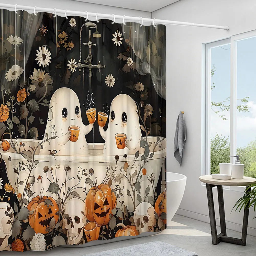 Cute Cartoon Ghost Halloween Shower Curtain Washable Halloween Bathroom Curtain with Hooks Bathtub Curtain for Bathroom Decor