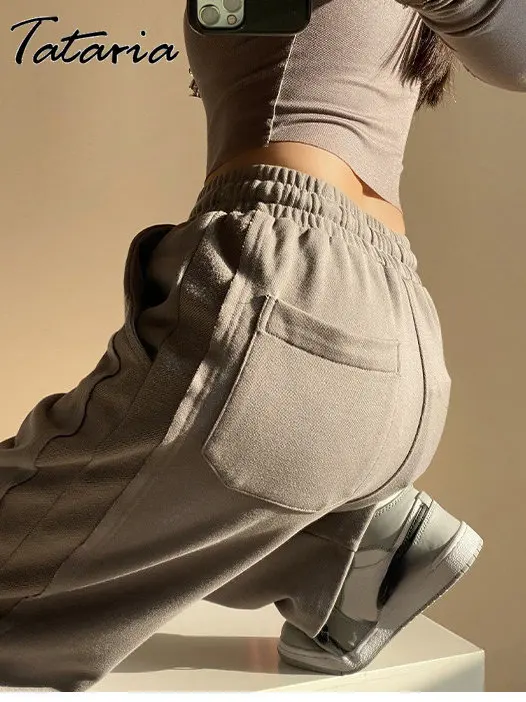 

2023 Autumn Wide Trousers for Women Gray Drawstring Straight Sports Pants with Side Slit Classic Elastic Waist Baggy Sweatpants