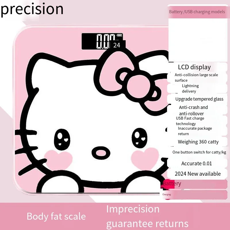 Báscula de grasa corporal inteligente Bluetooth Kawaii Hello Kitty Báscula electrónica precisa recargable para uso doméstico Báscula de grasa saludable para fitness