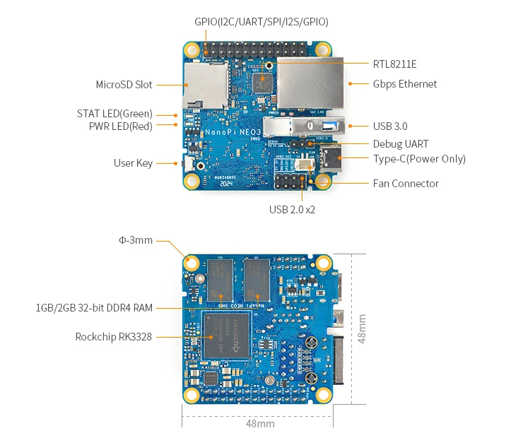 NanoPi Neo3 Kit 1G/2G 32bit DDR4 RAM Rockchip RK3328 Quad Cortex-A53 Up to 1.3GHz,1GB Ethernet,USB3.0 OpenWRT,Ubuntu,Multi,Lunix single board computer