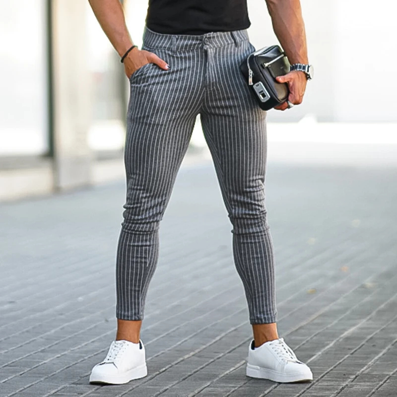 

GINGTTO Men Chinos Trousers Skinny Super Stretch Chino Pants Slim Fit Mens Casual Pant Plaid Grey Elastic Waist zm3121
