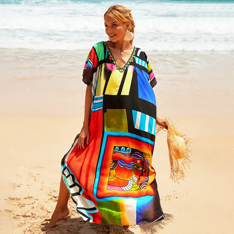 Plus Size Swimsuit Kaftans Beach Cover Ups Colorful Outfits Dress Bathing Suit for Women Vacation Outfits 1