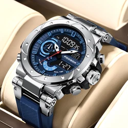 LIGE Men's Waterproof Dual Display Quartz Sports Watch (Silver blue)