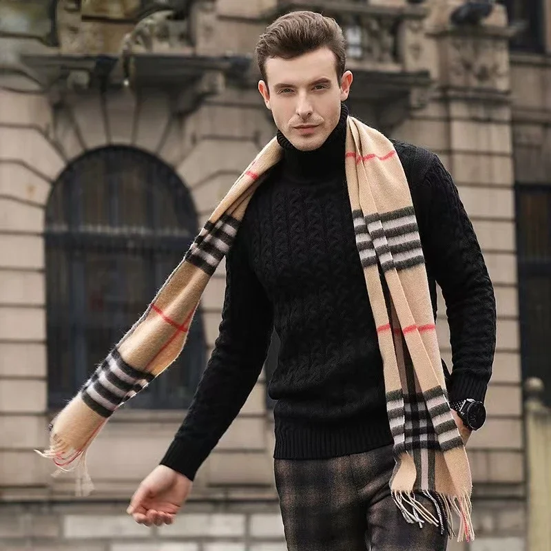 100% Wool Scarf Men Women Thick Plaid Soft Warm Classic Business Muffler Winter Tassel Shawl