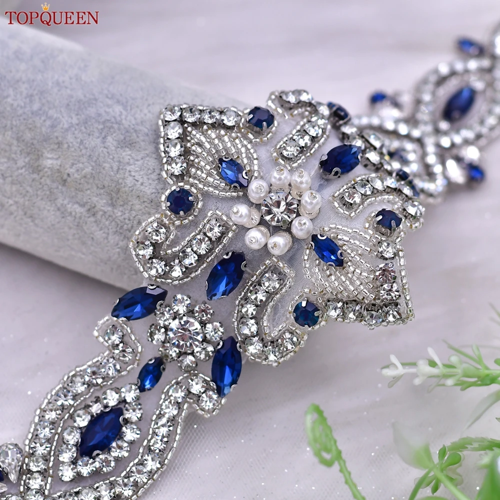 TOPQUEEN Bridal Belt Sash Blue Diamond Belt Momen Dress