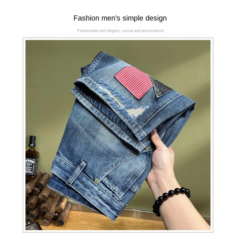 Summer high-end denim shorts destruction splicing pink patch embroidery Slim straight leg Gangster personality blue pants
