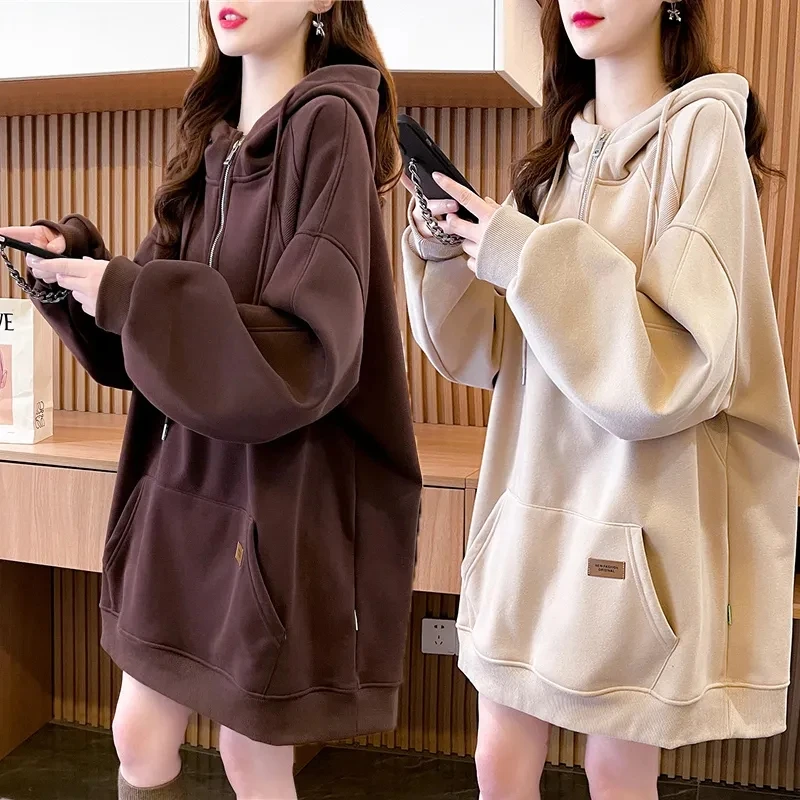 

Plush and Thickened Mid Length Hooded Sweatershirt Women Autumn and Winter 2023 New Korean Version Loose Half Zippered Coat Top