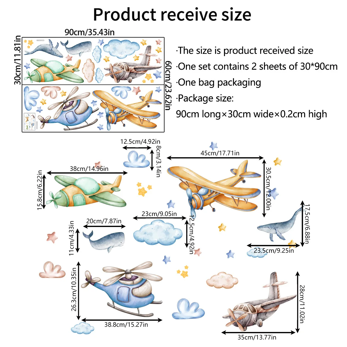 Cartoon Creative Wall Stickers - Airplane, Cloud, Whale Design for Kids' Room, Nursery, Kindergarten & Living Room