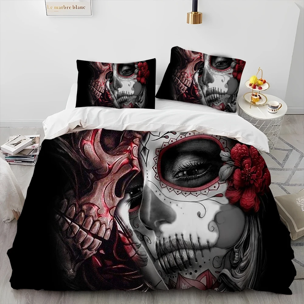 

3D Horror Gothic Female Skull Dead Girl Comforter Bedding Set,Duvet Cover Bed Set Quilt Cover Pillowcase,Queen Size Bedding Set