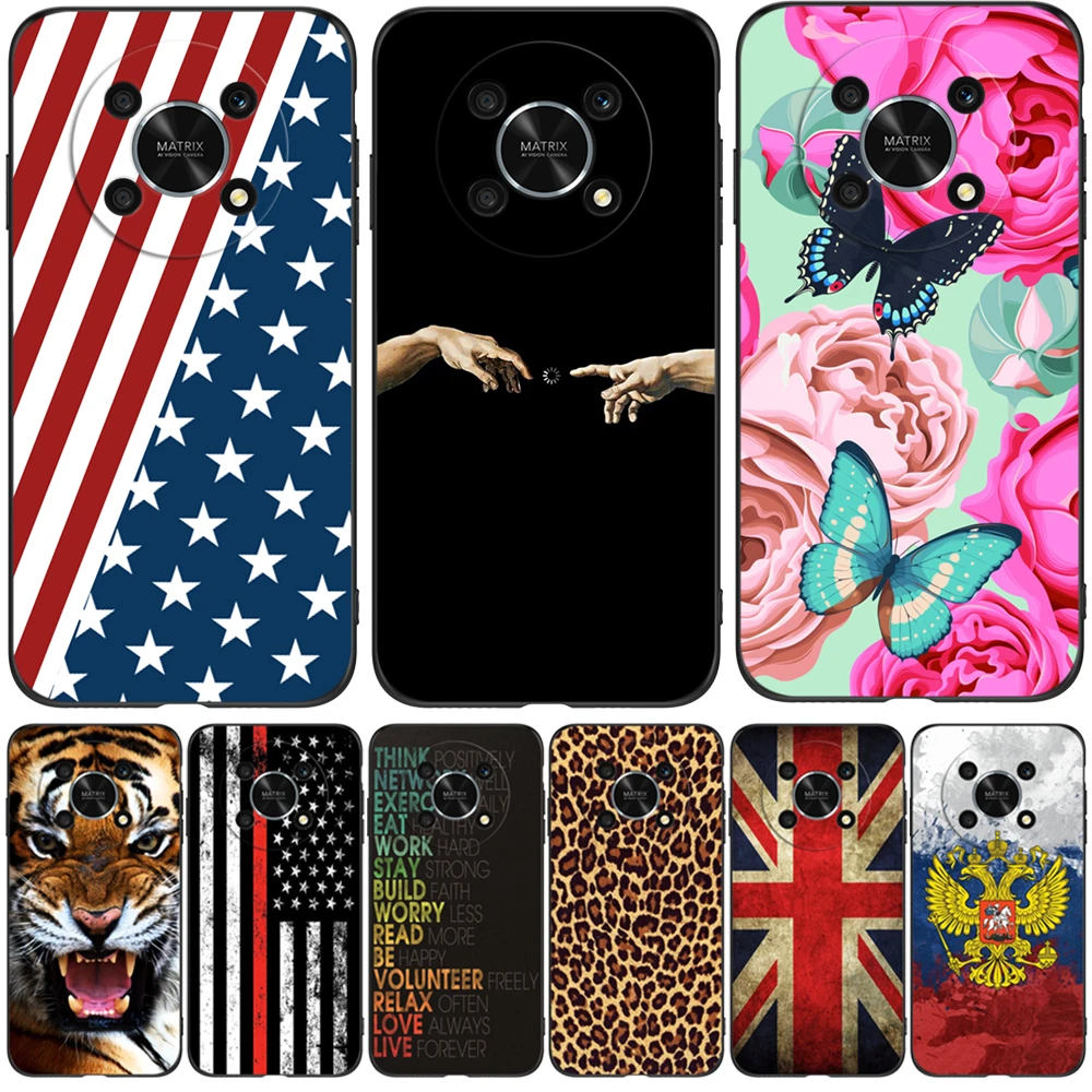 Per Honor X9 5G Magic 4 Lite Custodia Cover Posteriore Del Telefono In Silicone Morbido Silicone Nero Tpu Antiurto Uk Usa Flag Skull Wolf