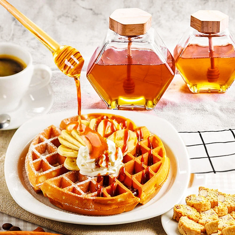 Hexagonal Glass Honey Bottle with Wooden  Pot Stirring Rod Sealing Clear Jam Jar Kitchen Home Storage 220ML/380ML 4