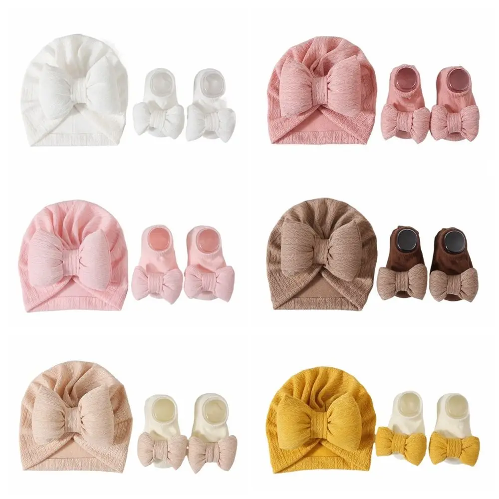 3Pcs/Set Headwear Bow Baby Hat Socks Set Cotton Solid Color Baby Fetal Cap 0-12 Months Keep Warm Newborn Turban Hat Autumn