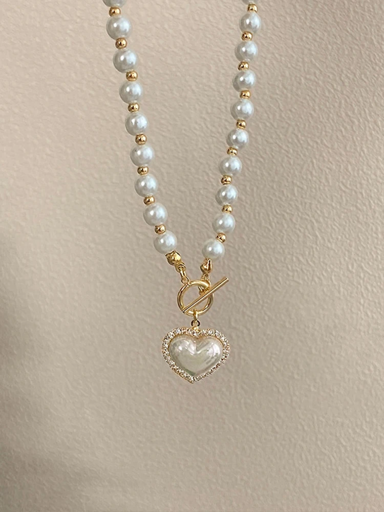 Weiße Imitation Perlen Halskette Frauen Kristall Stein Herz Anhänger niedliche Mädchen Schmuck Halskette Collier Femme – Detail 10