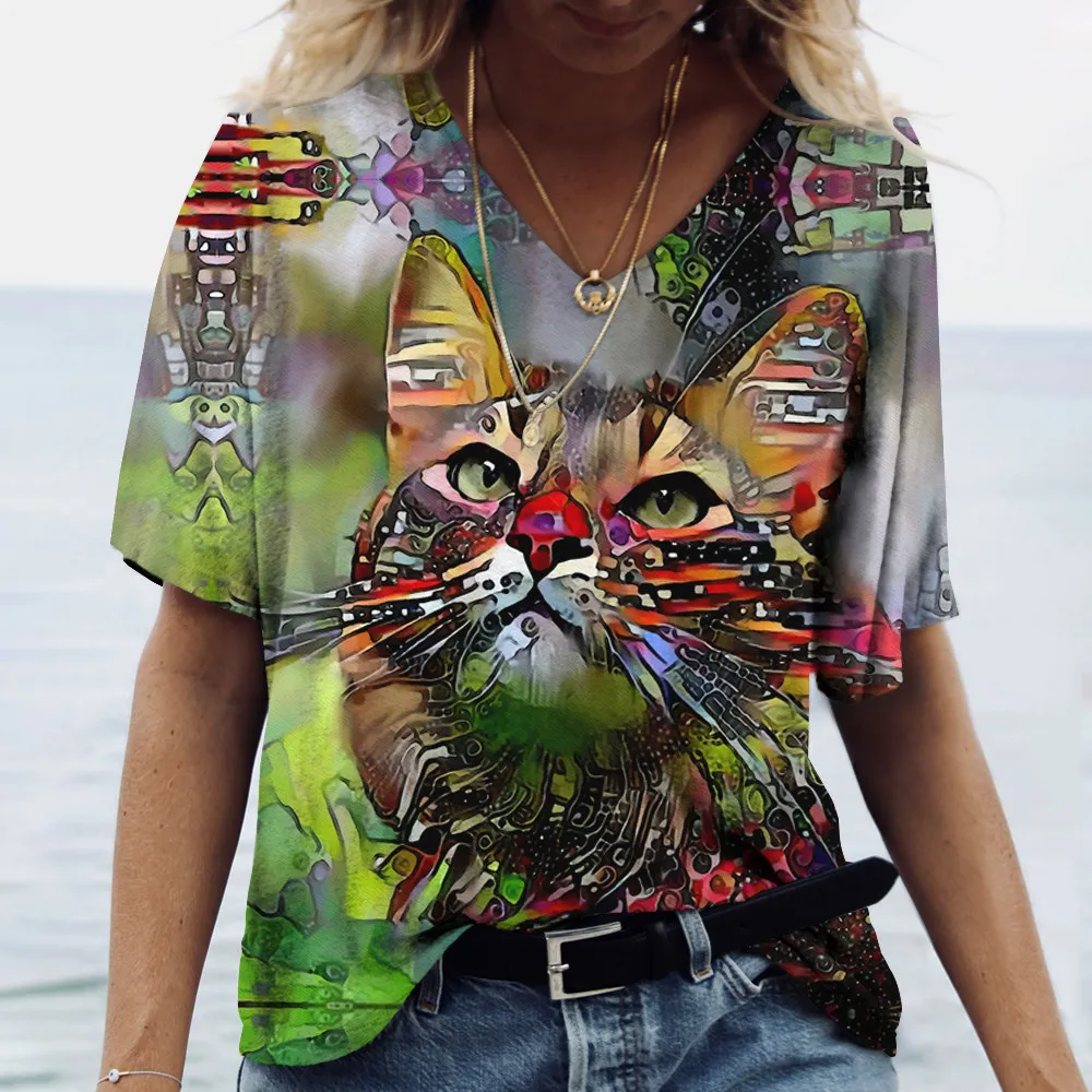 V Neck Tshirt Women's Summer Casual Oversize Dazzle Color