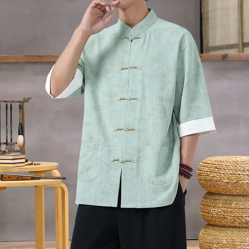 Chemise imprimée légère à col Mandarin pour hommes
