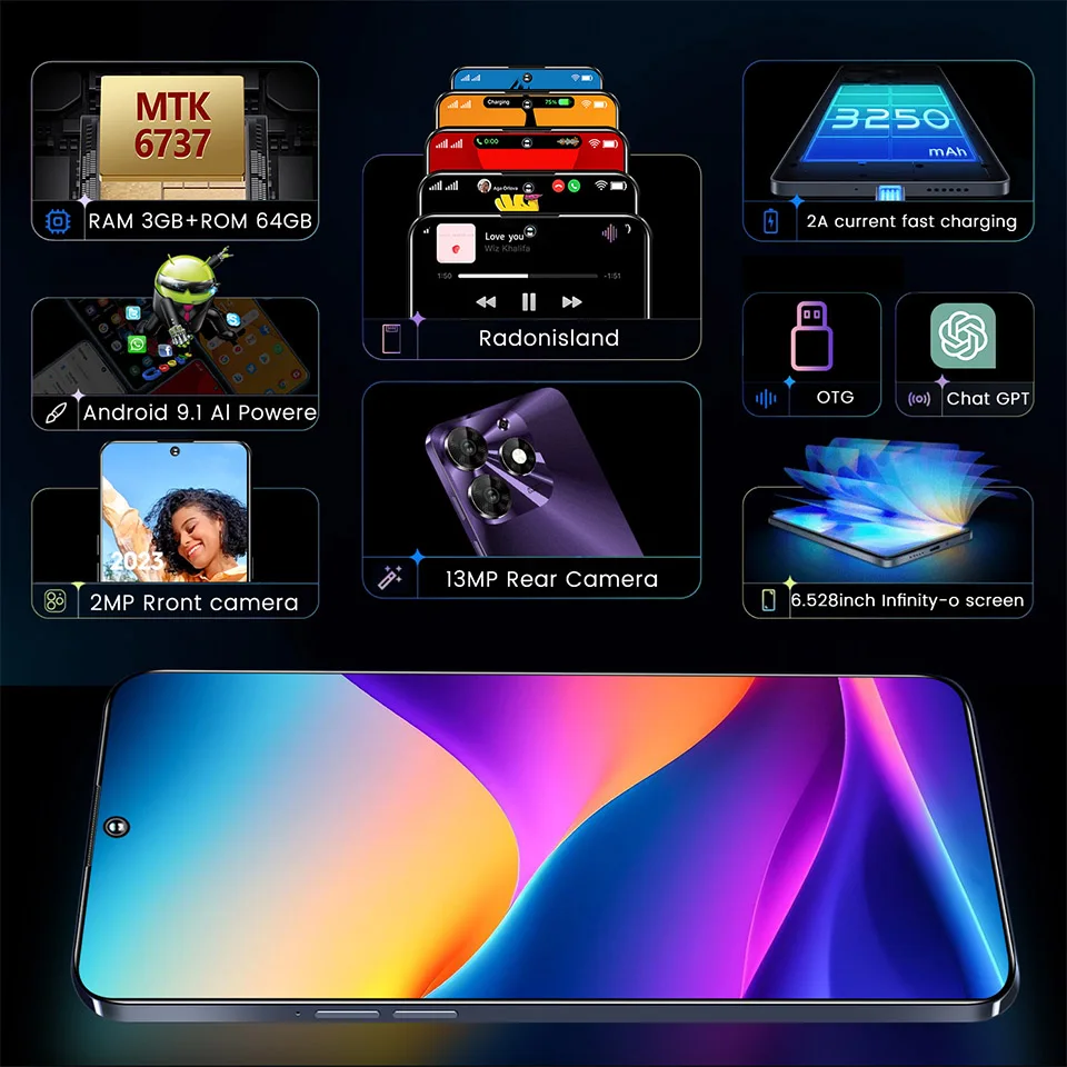 Global Version UNIWA K652 Ultra-Thin Smartphone 6.53 Inch Quad Core 3GB+64GB Mobile Phone Android 9.1 3250mAh 13MP 4G Cell Phone