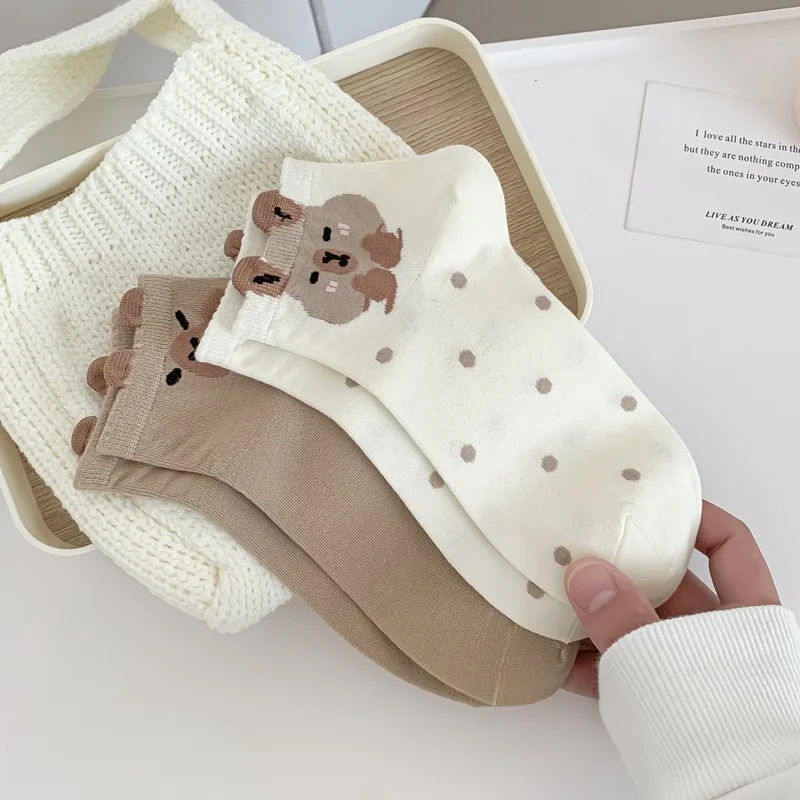 Description Picture 3 of item5 Pairs Bear Socks Cotton Capybara Socks Breathable Soft Japanese Casual Socks Summer Thin Coffee Cartoon Mid-tube Socks Women