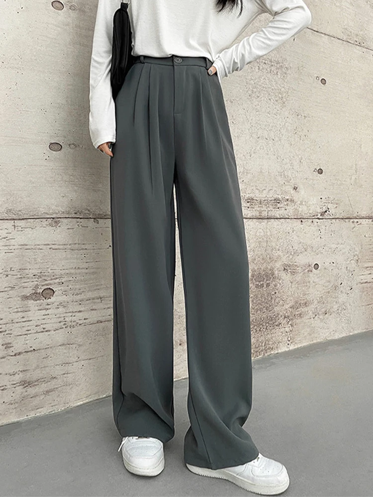 

New Elastic High Waist Suit Pants for Women Spring Summer Thick Gray Floor-Length Pants Y2K Casual Straight Wide Leg Trousers
