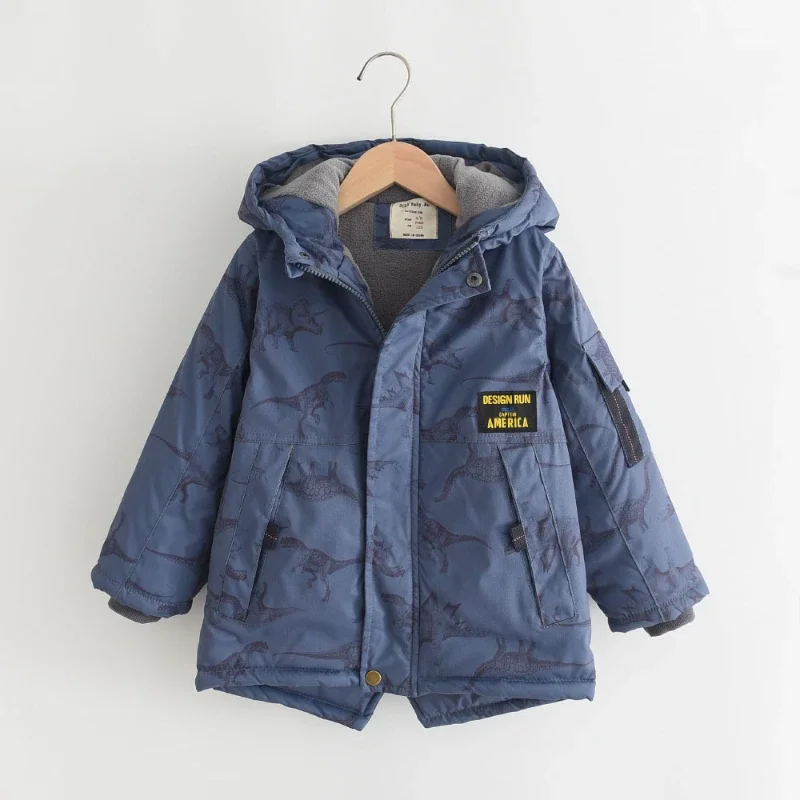 Dinosaur Printed Boy Plush Coat Thick Hooded Cotton Kid Jacket for Girl Winter Cloth for Boy Пальто Для Девочки Пуховик Женский