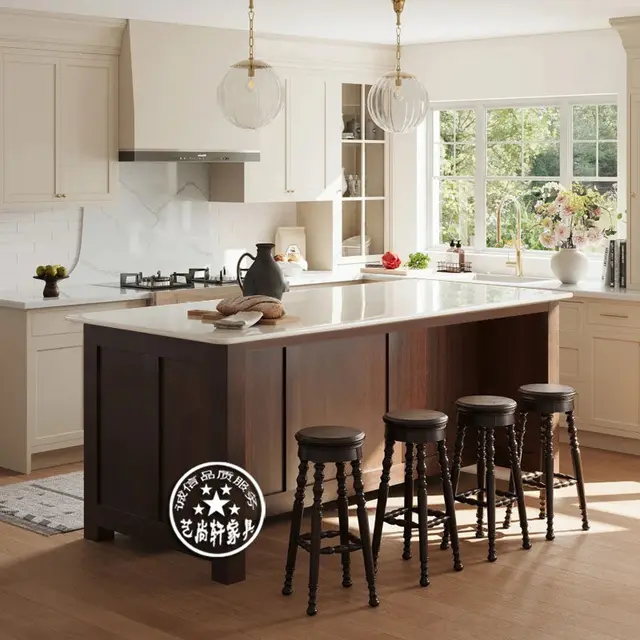 โต๊ะอาหารไม้เนื้อแข็งแบบเกาะกลางสไตล์วบิซาดี้ พร้อมเคาน์เตอร์ครัวแบบเปิดในตัวสำหรับทำอาหาร อบขนม และใช้เป็นบาร์ในบ้าน 4