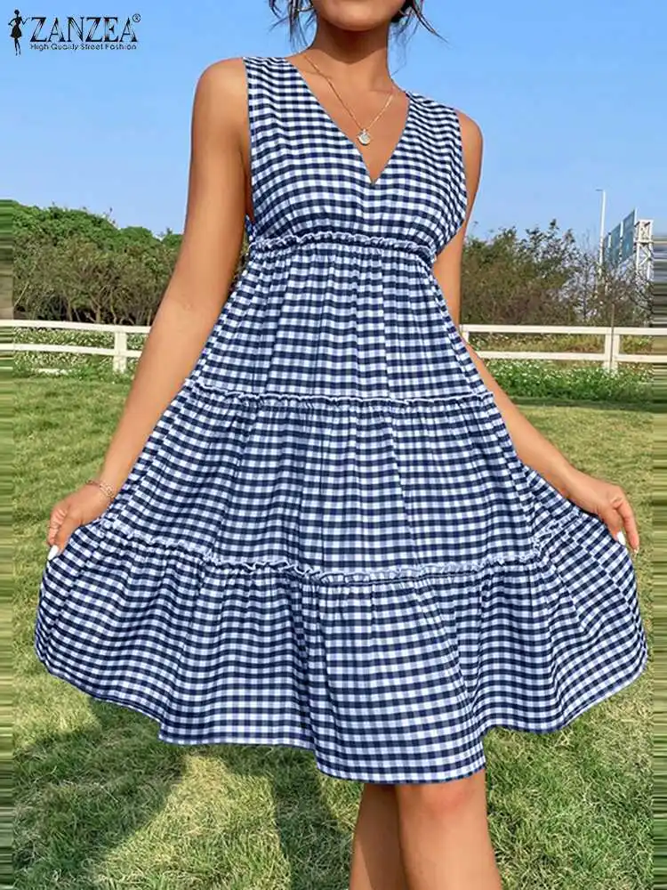 

Summer Sleeveless Plaid Mini Dress Women Casual V-neck Pleated Tiered Ruffled Sundress ZANZEA Fashion Short Robe Party Vestidos