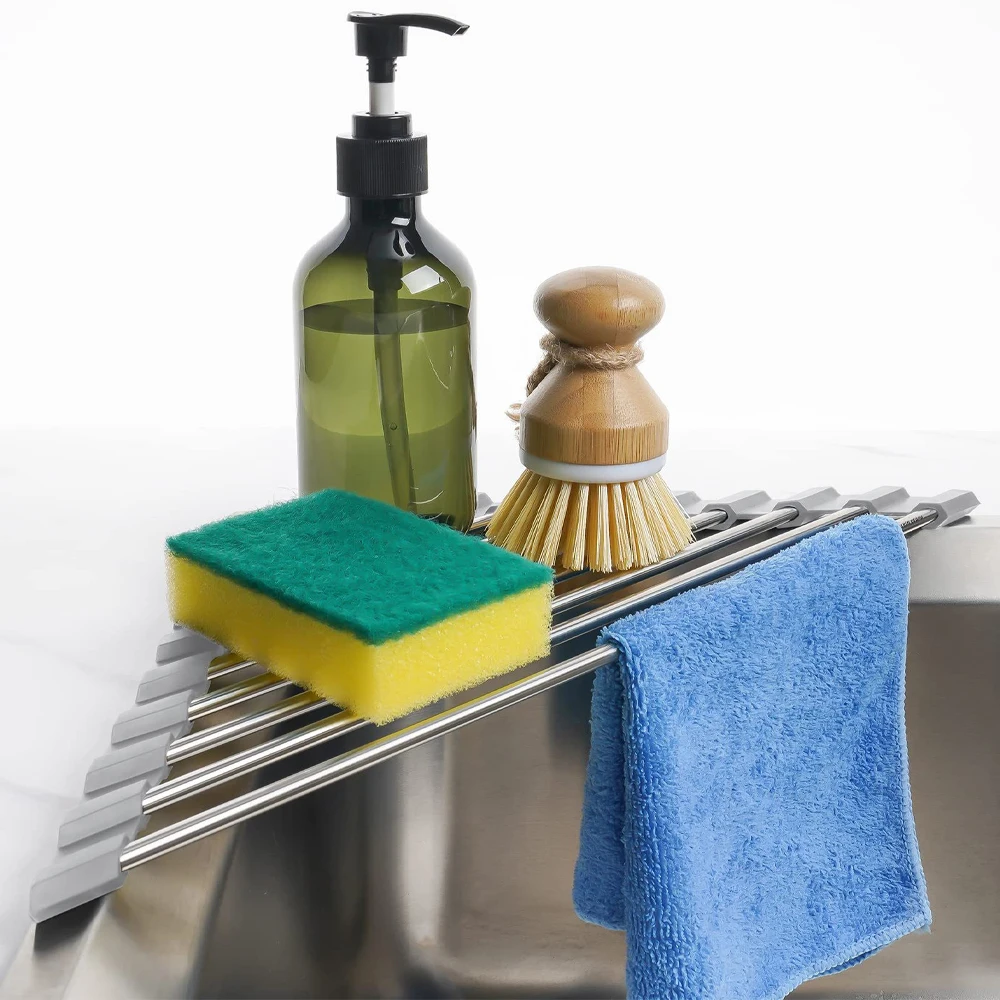 Roll Up Triangle Dish Drying Rack Kitchen Sink Organizer Kitchen Drainer Sink Corners Multi-Functional Organizer with Drainage 1