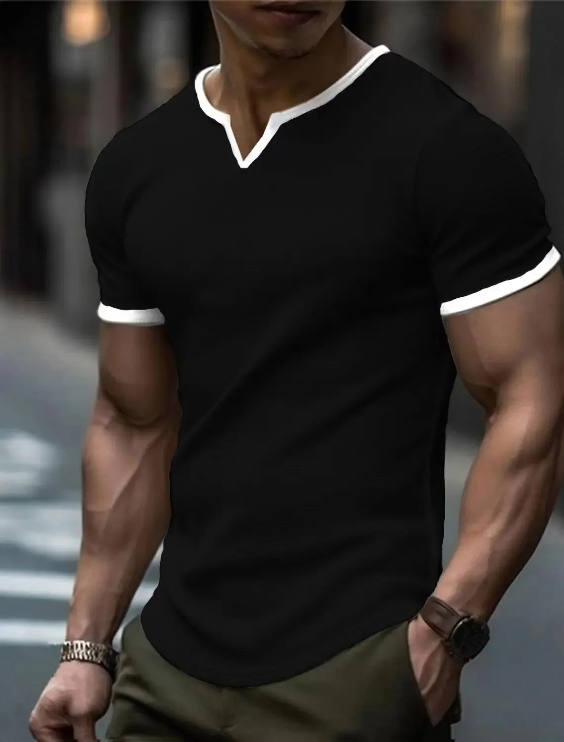 

Men's T-shirt V Neck Waffle Solid Color Short Sleeve Loose Top Men's Solid Color Patchwork Casual Slim T-shirt