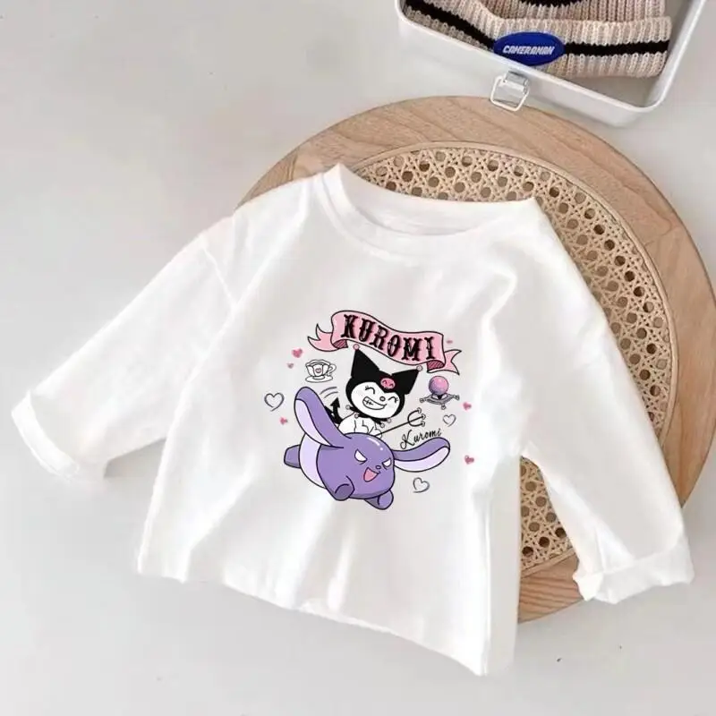 Sanrio 헬로 키티 마이 멜로디 쿠로미 시나모롤 소년 소녀 긴 소매 코튼 티셔츠 탑 봄 여름 패션 프린트 티셔츠