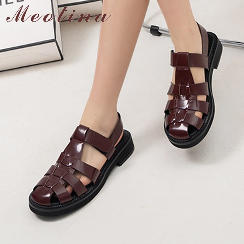 

Meotina Women Patent Genuine Leather Gladiator Sandals Round Toe Flats T-Tied Ladies Fashion Shoes Summer Wine Red Black 46