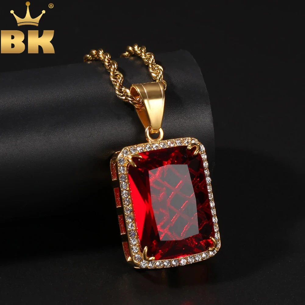 

TBTK Trendy Stainless Steel Cubic Zirconia Square Gem Pendant Necklace Men Gold Chain Multicolor Iced Out Charms Jewelry Fashion