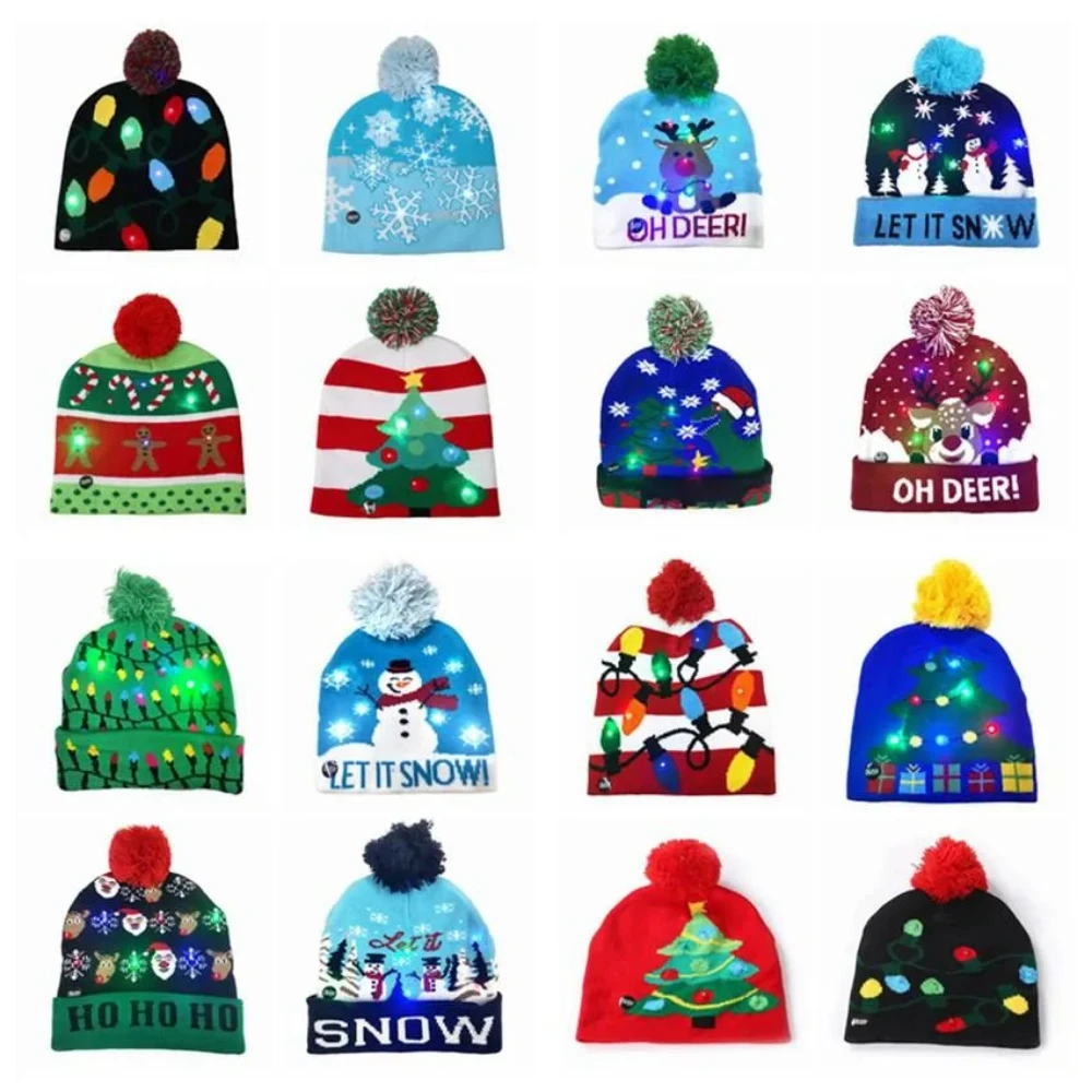 

16 Styles Led Christmas Halloween Knitted Kids Baby Moms Winter Warm Beanies Pumpkin Snowmen Crochet Caps Festive Party Hats