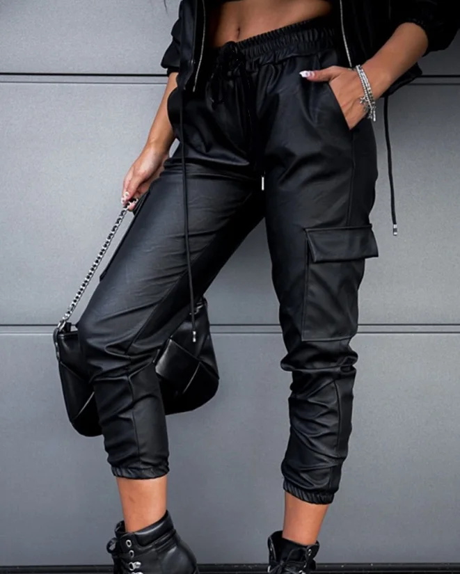 Jumpsuit Women 2023 Summer Fashion Pu Leather Flap Pocket Design Drawstring Casual Plain Skinny Daily Cargo Pants Y2K Streetwear