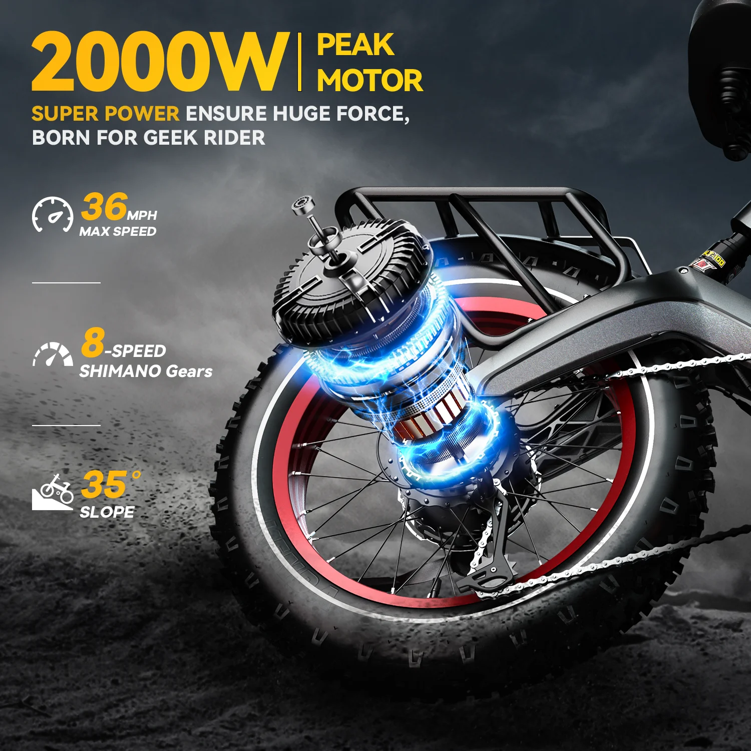 1000W (Peak 2000W) Fat Tire Folding Electric Bike – 20" x 4.0” Tires, 35MPH, 100-Mile Range, 48V 25Ah Battery 2