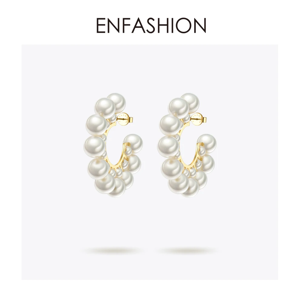 Enfashion Pearl Hoop Earrings For Women Gold Color Round Earring Big Circle Hoops Earings Fashion Jewelry Pendientes Aros EB1094