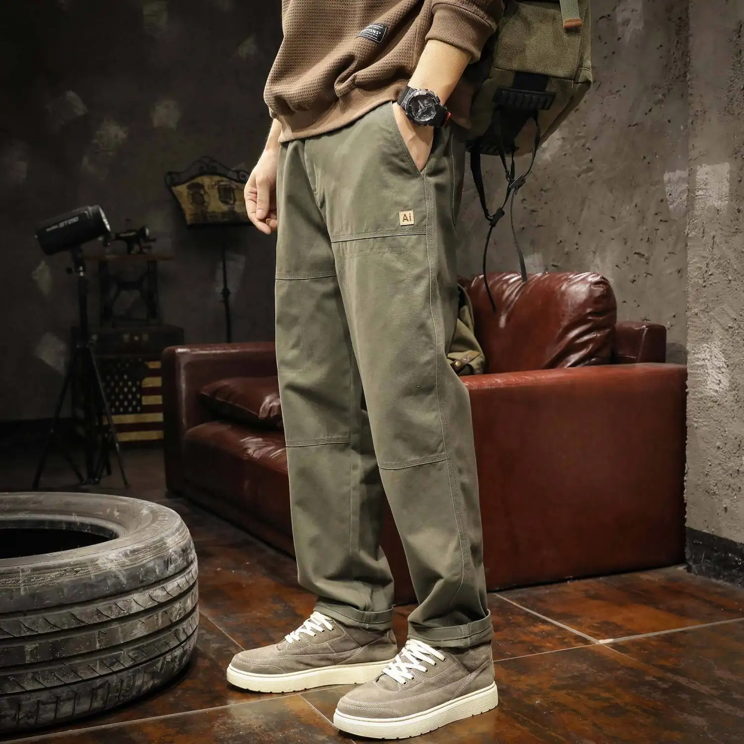 American Style Trend New Spring Casual Pants Men's Solid Pockets Badge Fashion Minimalist Safari Style Loose Wlde-waisted Pants