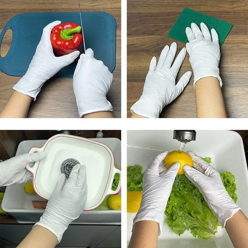 50/100PCS White Nitrile Gloves Disposable Kitchen Cleaning Gloves Food Handling Pet Bathing Household Cleaning Tools