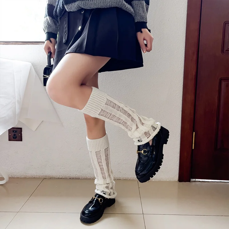 Y2k 홀 레그 워머 화이트 파일 양말, 여성 트럼펫 다리 커버, Jk 송아지 양말, 고딕 블랙 펑크 일본 부츠 커프스, 슬리치 양말