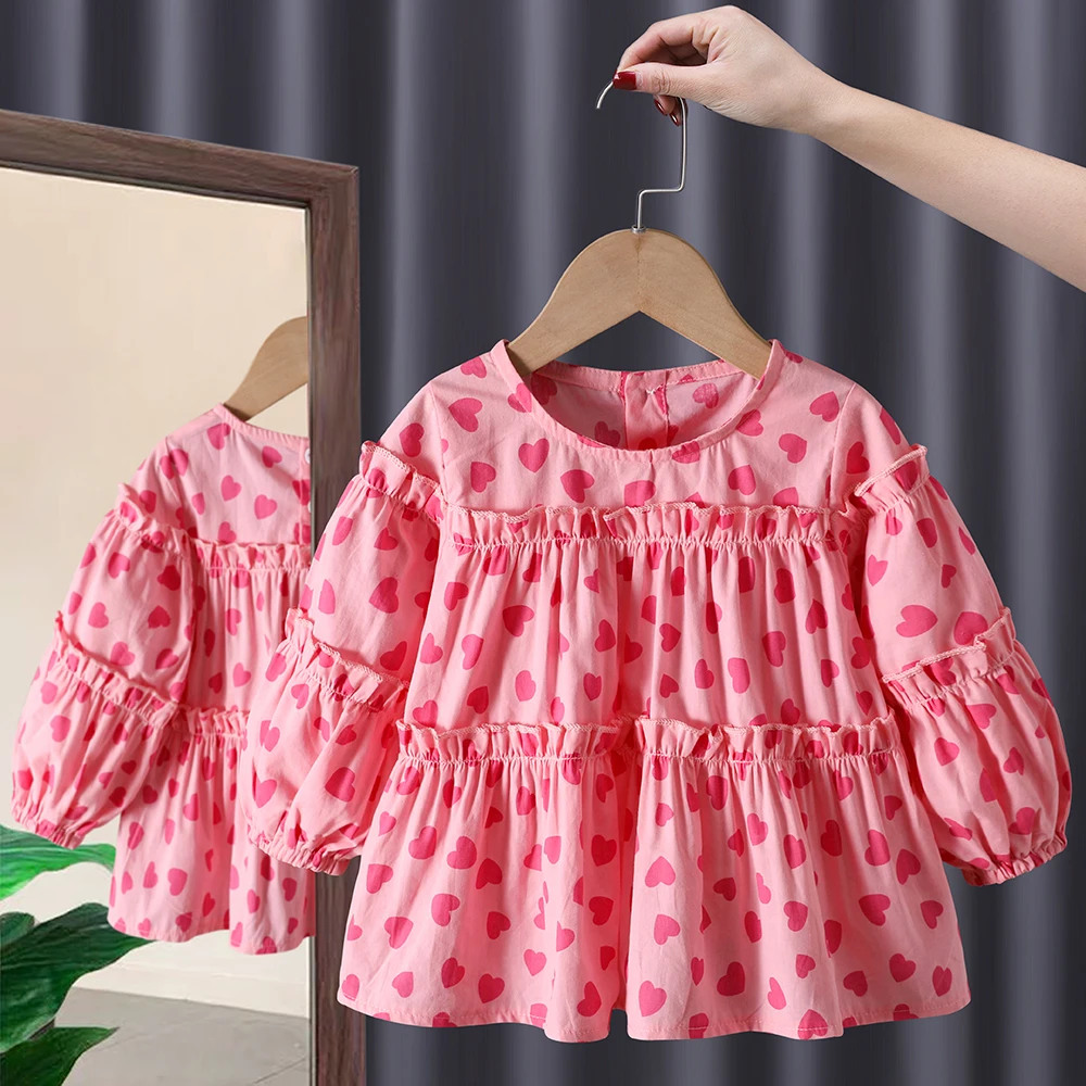 Baby Girls Shirt Long Sleeve Round Collar Love Heart Print Blouse Korean Style Loose Casual Dot Tops
