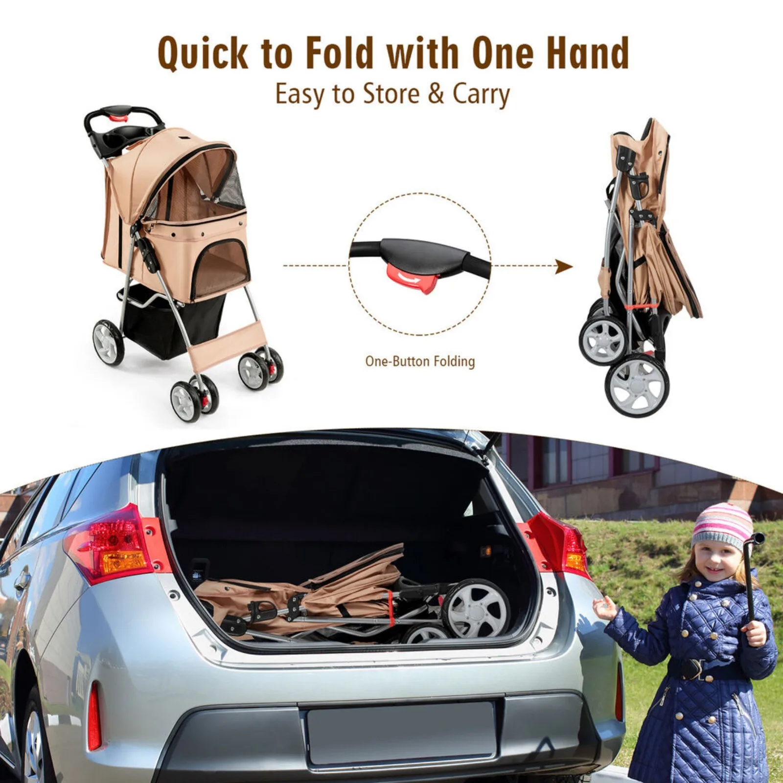 US Folding Pet Stroller 4-Wheel Pet Travel Carrier w/Storage Basket Beige