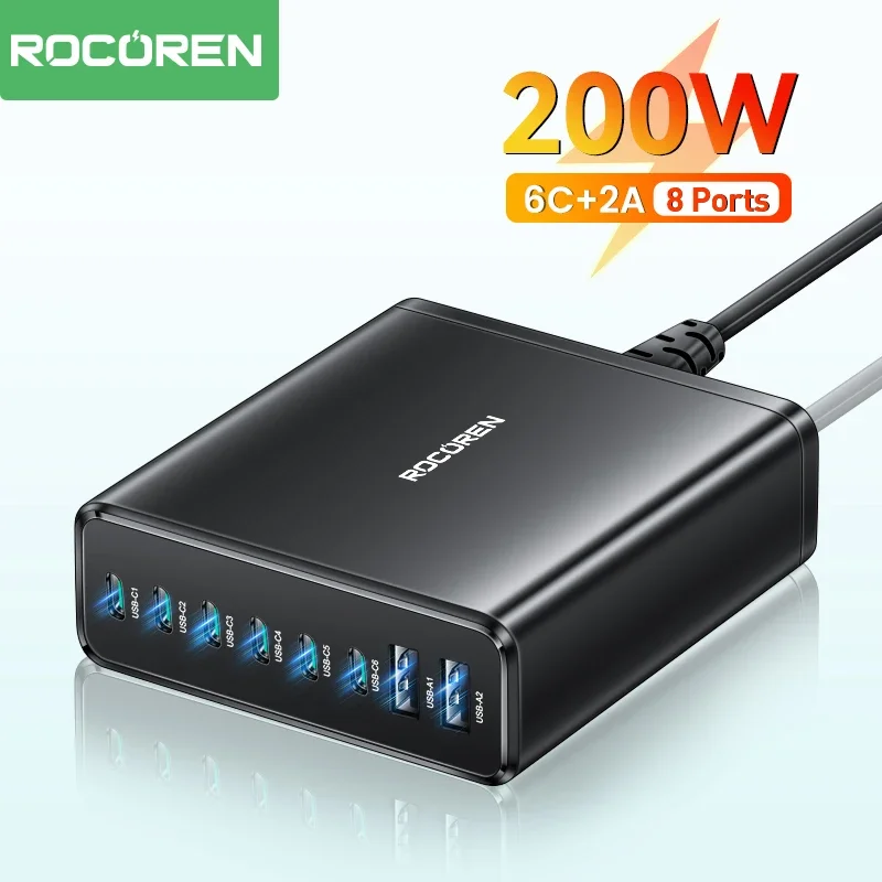 Rocoren 200W 8 in 1 Multi Port USB Type C PD High Speed Charger Desktop Fast Charging Power Station For iPhone 15 Samsung Xiaomi