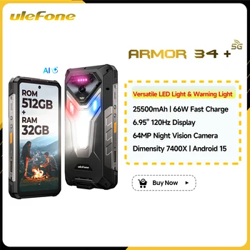 Ulefone Armor 34+ 5G Smartphone Rugged Android 15, 25500mAh, 66W, fino a 32GB+512GB, Display 6.95" 120Hz, Luce LED Versatile