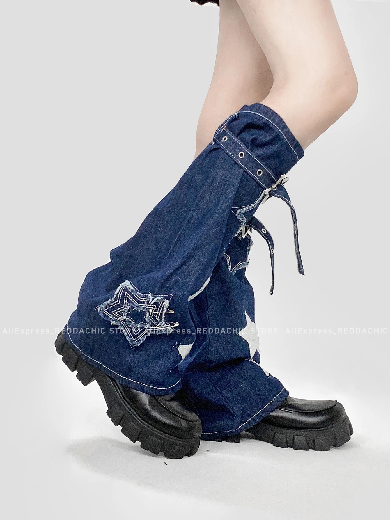 REDDACHiC Vintage Blue Glitter Star Women's Gaiter Denim Leg Warmers Bandage Belt Knee-long Boots Cover Grunge Y2k Streetwear