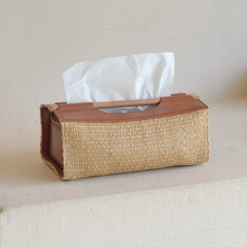 French Retro Straw & Leather Tissue Box | Home Living Room Napkin Holder, Desktop Paper Towel Storage  Decorative  Case