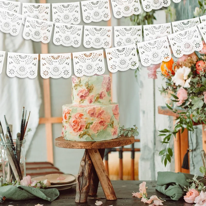 1/2 Packungen weißes Papel Picado geschnitztes Banner für mexikanische Party-Dekoration, Hochzeit, Geburtstag, Partyzubehör, Kunststoff-Hängeflaggen – Detail 4