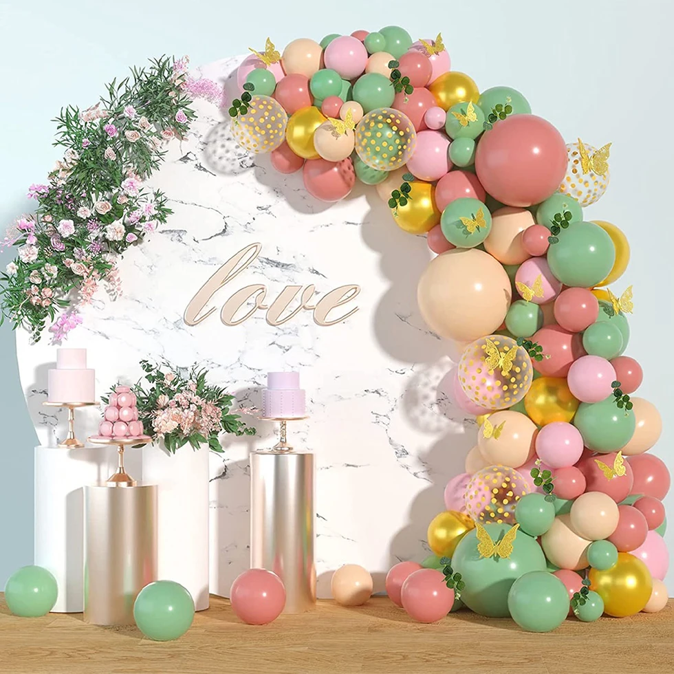 

Retro Green Pink Balloon Wedding Arches Birthday Party Decorations for Kids Girl Baby Shower Party Decoration with 3D Butterfly